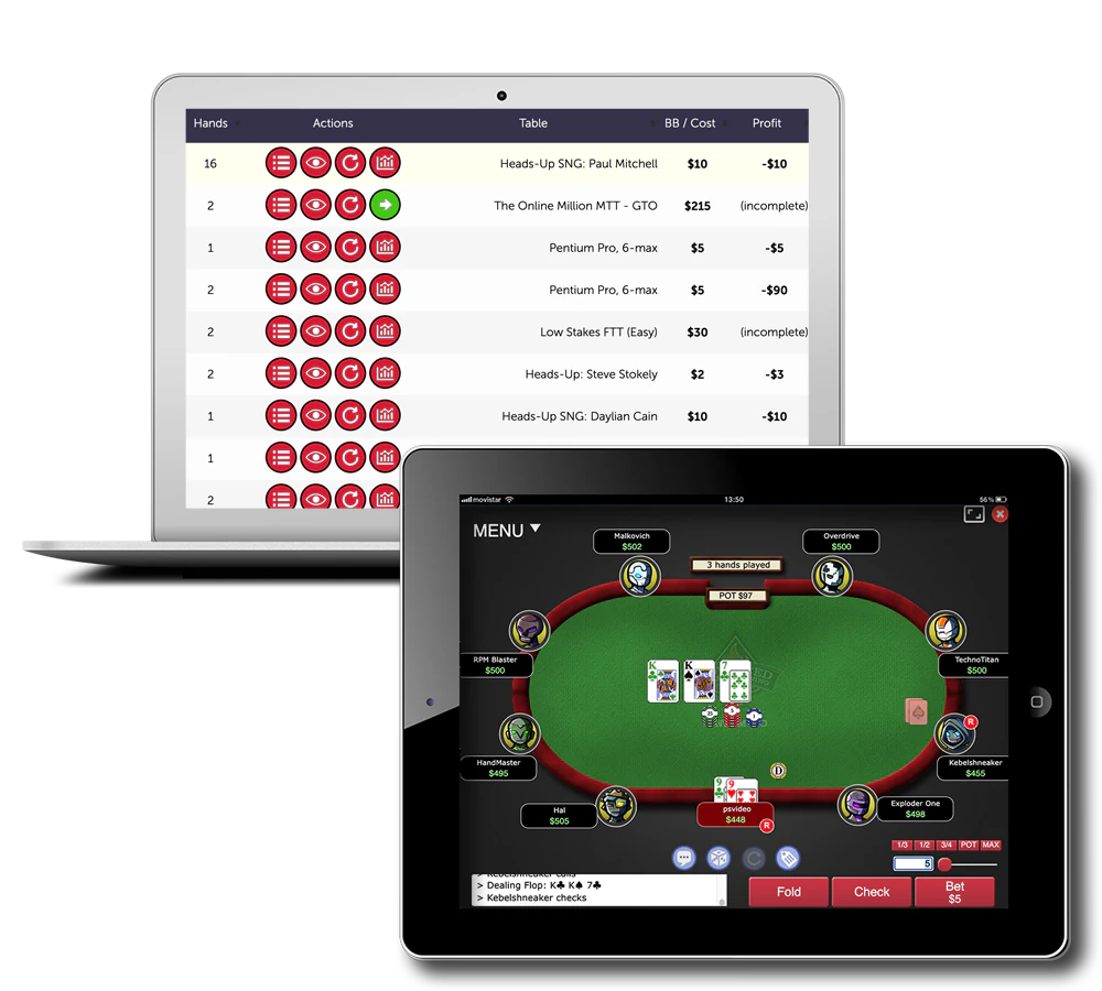 Advanced Poker Training AI poker software displayed on laptop and tablet devices