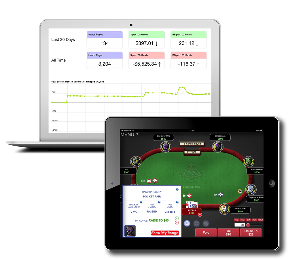 Advanced Poker Training AI poker software displayed on laptop and tablet devices