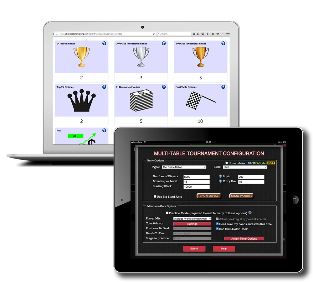 Advanced Poker Training AI poker software displayed on laptop and tablet devices