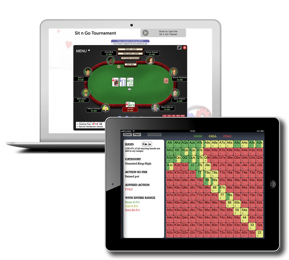 Advanced Poker Training AI poker software displayed on laptop and tablet devices