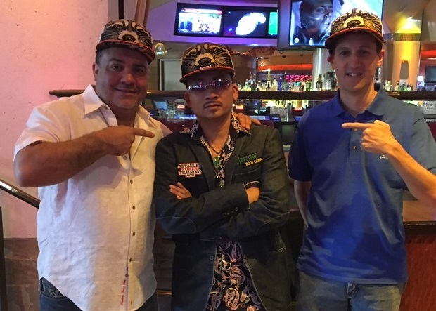 Super Mario, Qui Nguyen, and Steve Blay show off their Raccoon hats