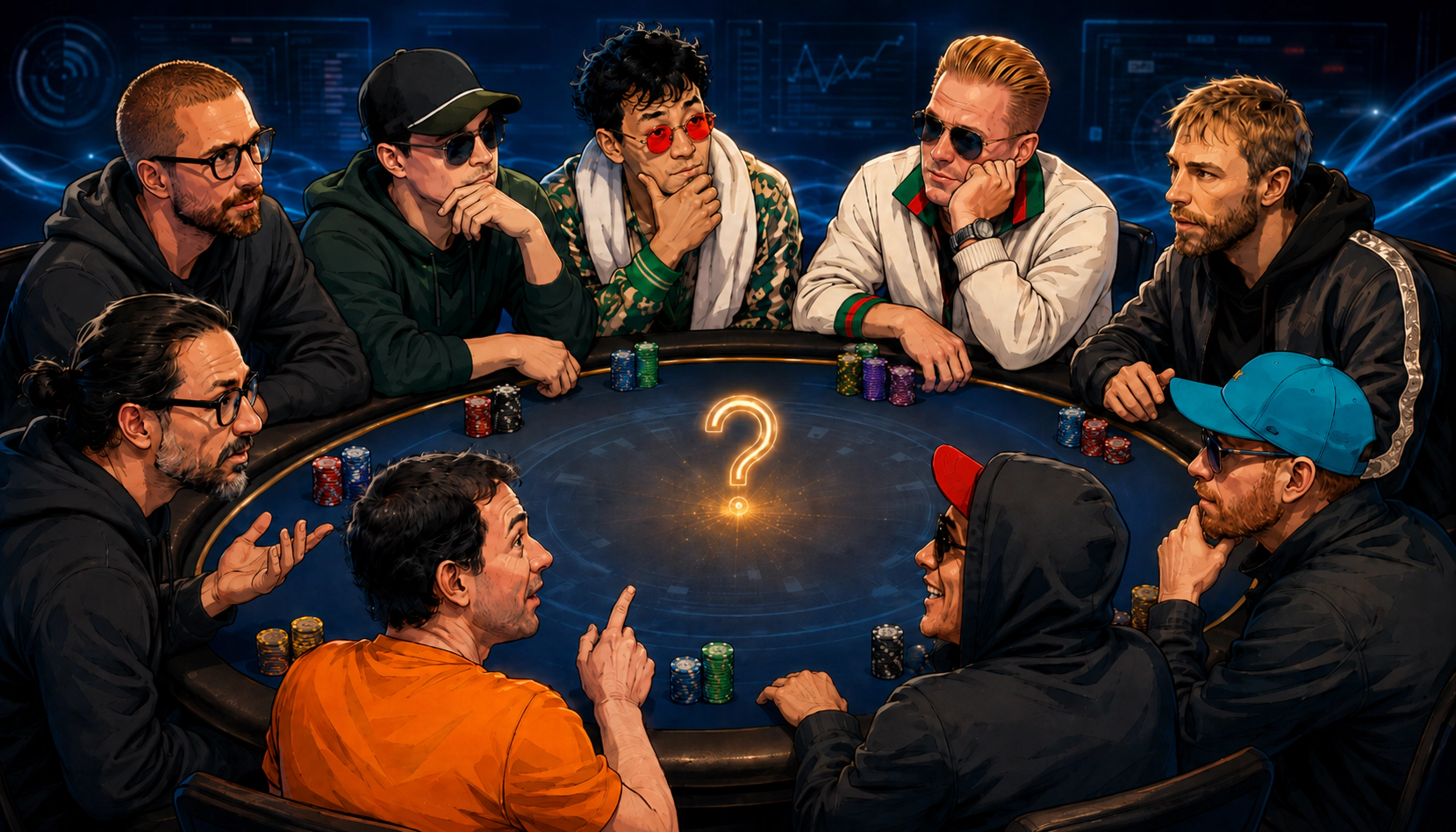 The nine 2026 WSOP Main Event finalists around a poker table with a glowing question mark representing APT’s winner prediction