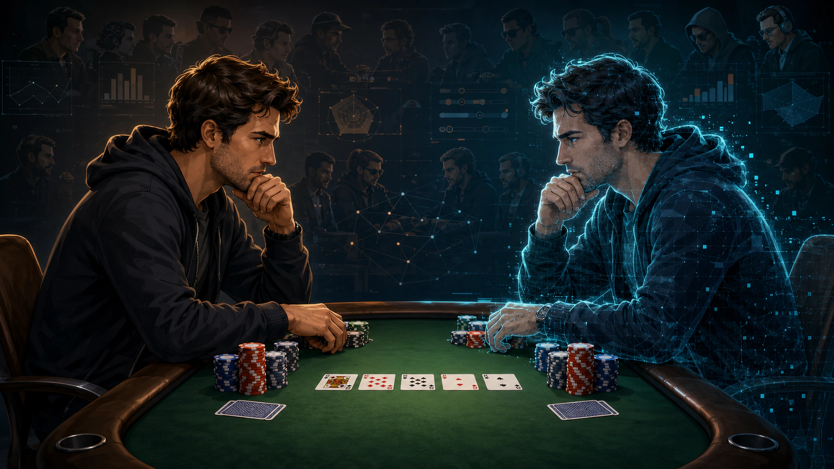Poker bot that plays like a real person facing its human counterpart across a poker table