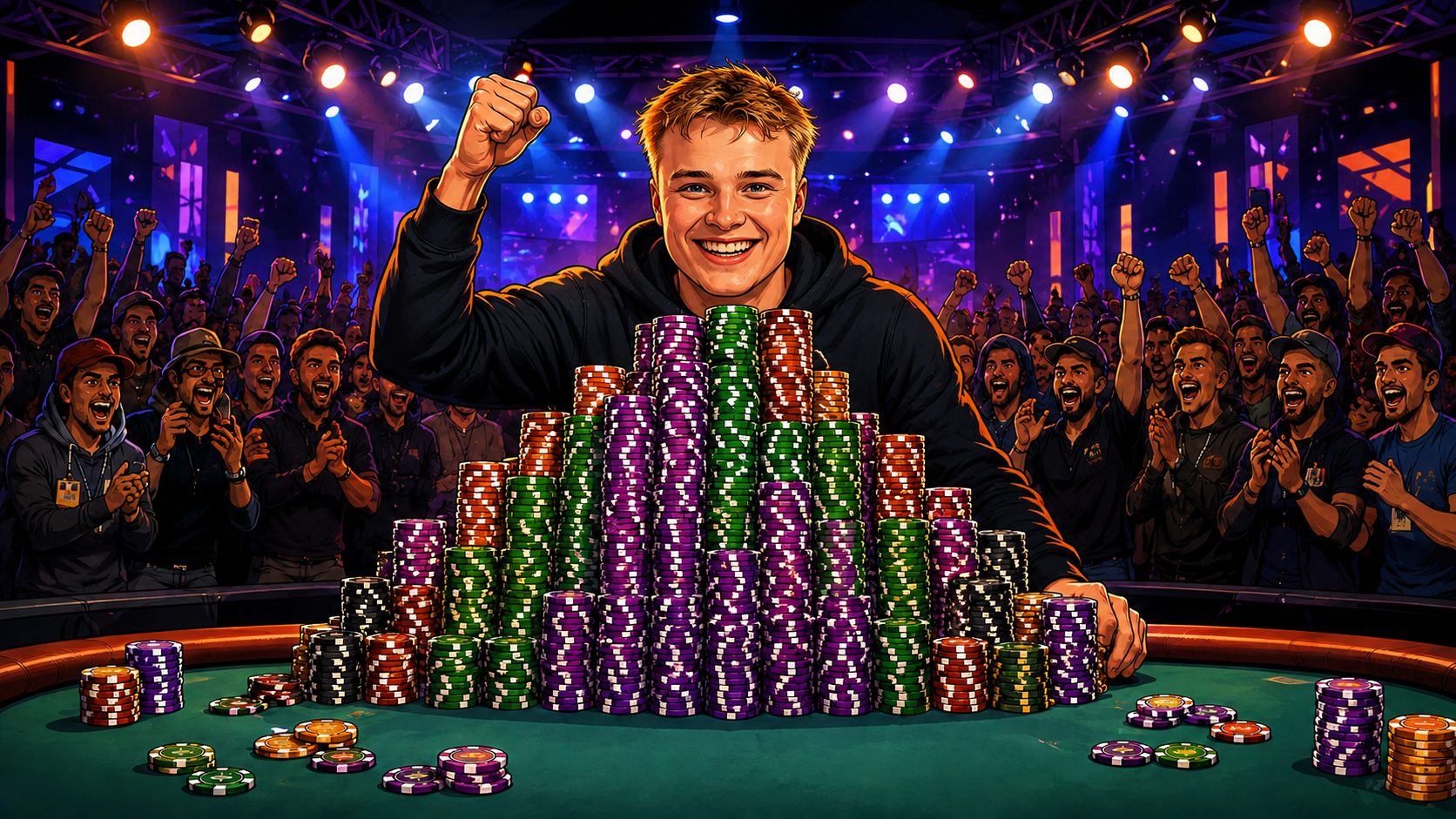 Young poker champion celebrating at the 2026 WSOP Main Event final table