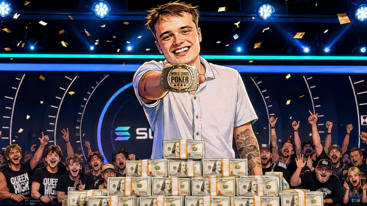 Illustration of Lucas Jumalon celebrating at the 2026 WSOP Main Event final table